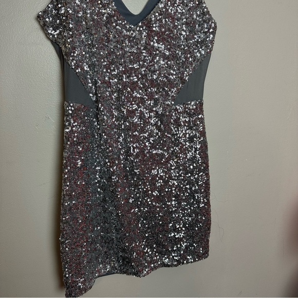 Bebe Silver Sequin Bodycon Sleeveless Mini Dress with Mesh Cutouts - Picture 8 of 14